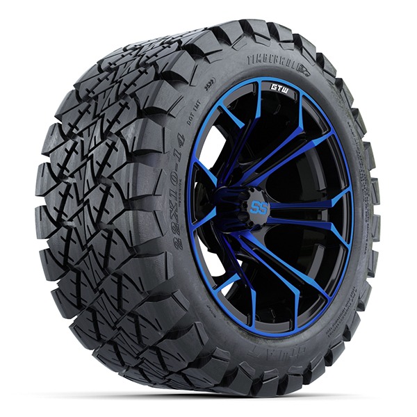 14″ Spyder Blue/Black Golf Cart Wheels and 22×10-14 GTW Timberwolf Tires – Set of 4 - Golf Carts Canada
