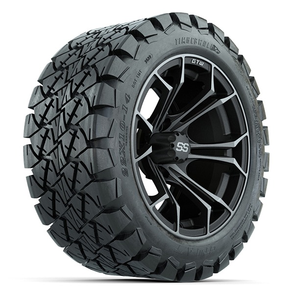 14″ Spyder Matte Gray/Machined Golf Cart Wheels and 22×10-14 GTW Timberwolf Tires – Set of 4 - Golf Carts Canada