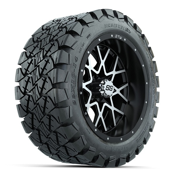 Vortex Black/Machined Golf Cart 14″ Wheels and 22×10-14 GTW Timberwolf Tires – Set of 4 - Golf Carts Canada